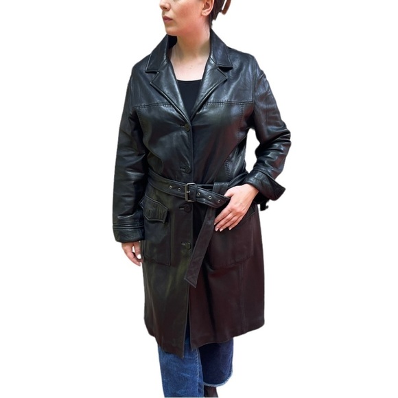 VINTAGE JONES NEW YORK 90S BLACK LEATHER LONGLINE BELTED BUTTON DOWN TRENCH COAT - Picture 1 of 16